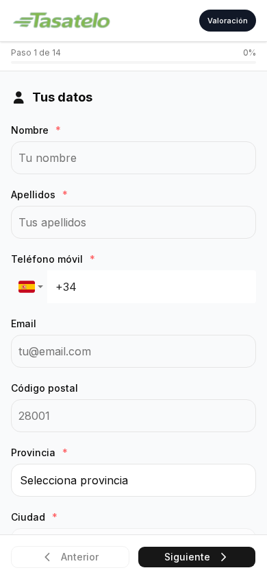 Tasatelo — Formulario vacio en movil