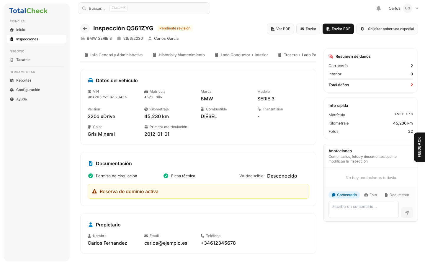 Detalle de inspeccion BMW 320d con fotos, danos y scoring
